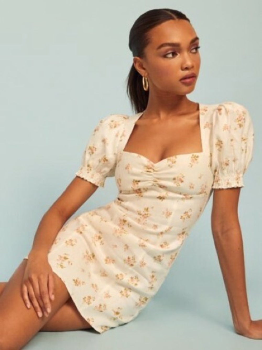Reformation Gina Cream Floral Square-Neck Puff Sleeve Linen Mini Dress BWT - Picture 14 of 16